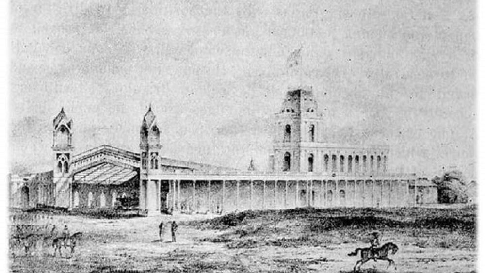 Grabado de la estación durante la ocupación brasileña en 1869.