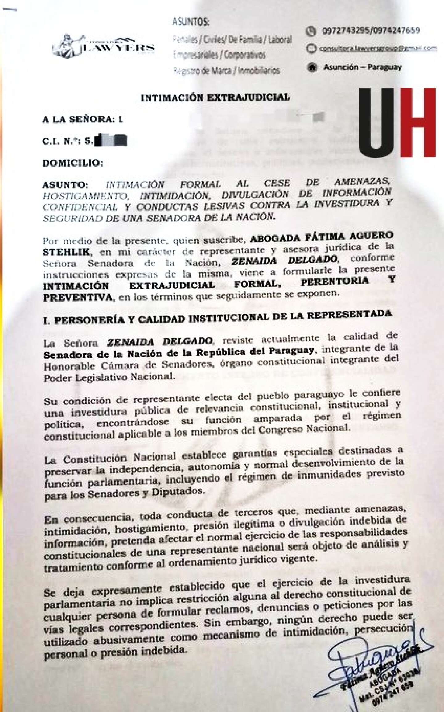 Una funcionaria fue obligada a firmar una intimación extrajudicial para no hablar sobre los pagos ilegales. Quien gestionó en representación de Zenaida Delgado fue la procesada por venta de cargos del IPS, Fátima Agüero.