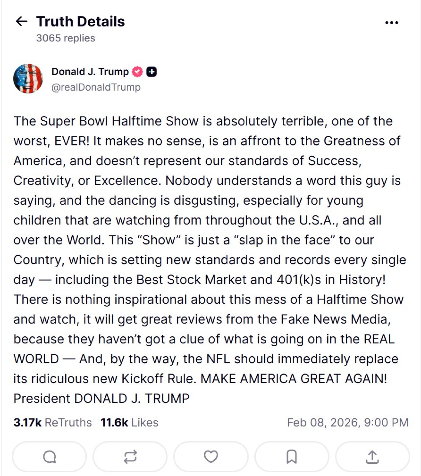 Trump dice que el espectáculo de Bad Bunny fue "uno de los peores de la historia"