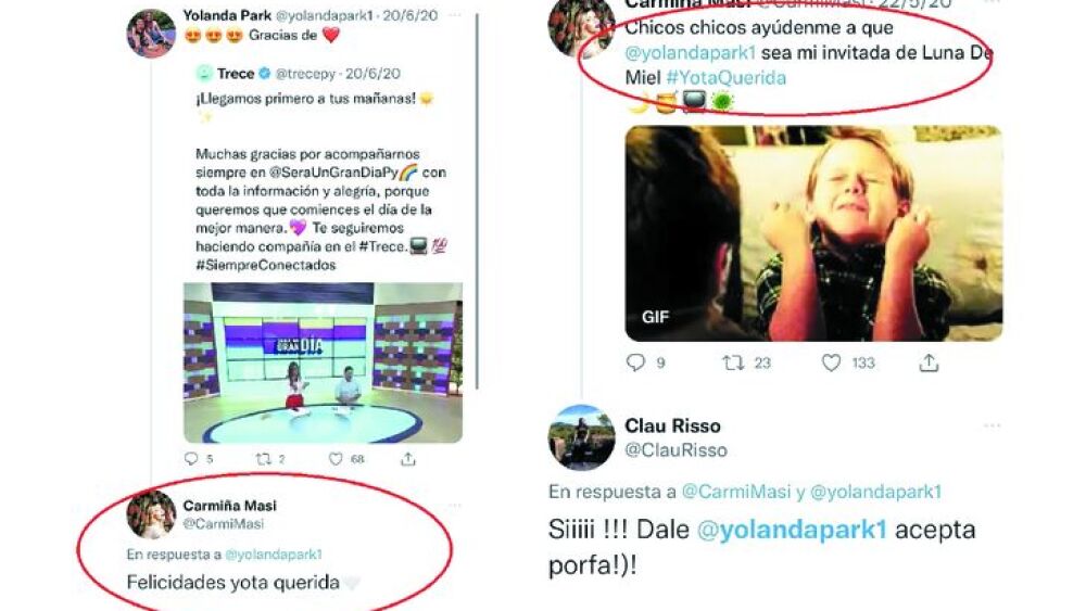 El periodista Chipi Vera compartió estas dos capturas de pantalla (foto izquierda), para mostrar que Carmiña Masi le tiraba supuestamente buena onda a Yolanda, incluso la invitó a su programa cuando llegó al grupo de medios de comunicación. Explicó que Park no le respondió porque la rubia habló mal de ella en el pasado.